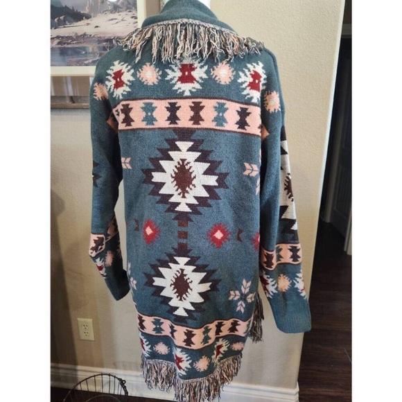 Western Ethnic Pattern Knit Cardigan, Casual Open Front Tassel Trim Sweater XL - Picture 6 of 7